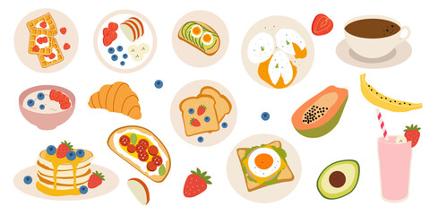 Hand drawn breakfast food illustrations. Coffee cup, poached eggs, avocado toast, croissant, pancakes, smoothie, bruschetta, waffles and cereal. Vector flat doodle illustration.