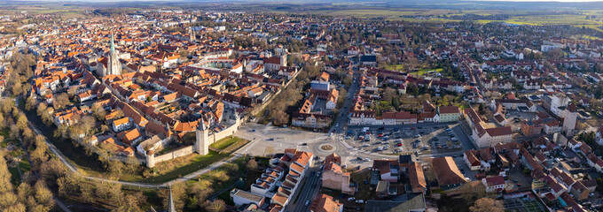 Aerial view of the old town Muhlhausen in Germany on a sunny afternoon in autumn