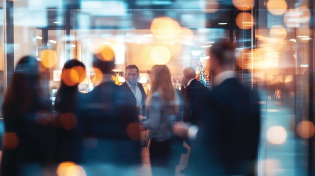 Blurred shot of business people at party or corporate event in office center	
