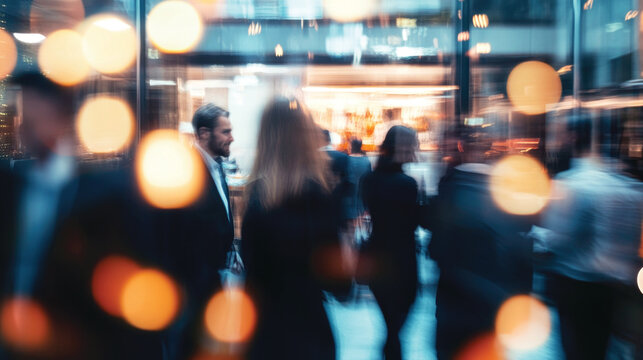 Blurred shot of business people at party or corporate event in office center	
