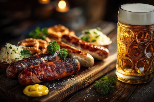 Assorted German sausages with mustard, pretzel, sauerkraut, and festive beer hall vibe