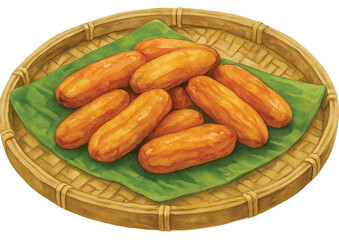 Sun-Dried Bananas on Bamboo Tray Watercolor PNG