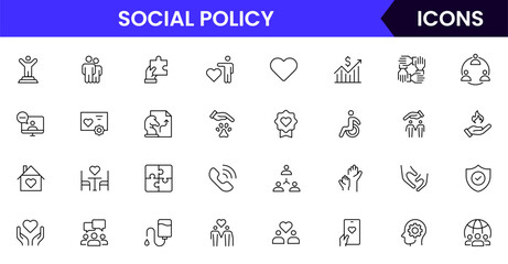 Social Policy vector web line icon collection, sleek illustrations of equality, justice, community, and awareness symbols for impactful designs.