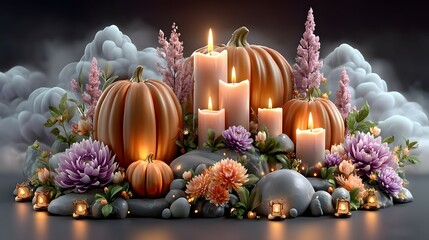 Halloween pumpkins and candles in magical scene high resolution image