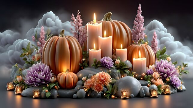 Halloween pumpkins and candles in magical scene high resolution image