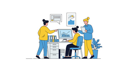 Three people collaborate on a computer screen in an office setting discussing data and projects together