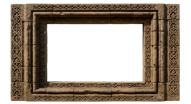 Intricately carved stone window frame isolated on a black backdrop, showcasing aged artistry.