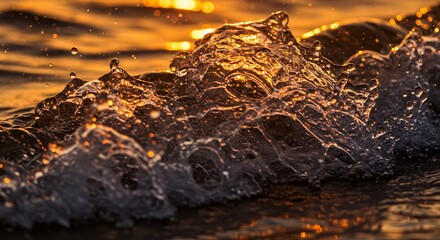 Golden Wave Crest: Dramatic Sunset Light Captures Water's Dynamic Beauty.