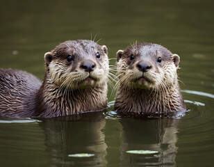 Obraz premium Two beautiful otter babies are in the water—a natural wallpaper.