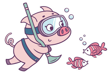 Obraz premium Vector cute Pig cartoon character, dressed as a diver, wearing a mask and snorkel, curious underwater expression, fish and bubbles hint, aquatic theme, isolated on white background