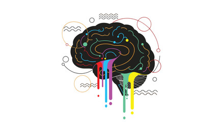 A vibrant and colorful illustration of a human brain with colorful liquid dripping from its base representing creativity and innovative thinking