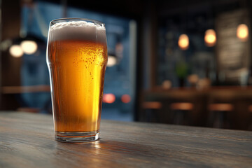 Craft Beer in Pint Glass with Foam Head, Pub Atmosphere