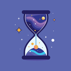 Mystical hourglass with galaxy, stars, cosmic space inside, timeless concept, celestial design, universe illustration, fantasy, cosmic flow