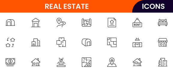 Real Estate vector web line icon collection, sleek illustrations of houses, apartments, keys, and property symbols for professional designs.