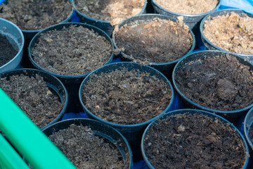 Plastic pots filled with dirt. The dirt is brown and the pots are blue. The dirt is in the shape of a circle.