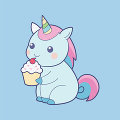 Cute kawaii unicorn eating pastel cupcake, adorable cartoon style, soft pastel lines, sweet dessert, whimsical fantasy vector art