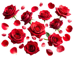 Fototapeta premium Floating Red Rose Flowers with Petals Scattered, PNG Isolated – AI Generated