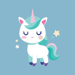 Minimalist baby unicorn with heart-shaped eyes, sparkling stars, cute magical fantasy character illustration, simple line art vector design