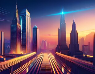 Fototapeta premium luxurious cyberpunk city gold mocha mousse neon shimmer futuristic skyscrapers high tech aesthetics warm opulent tones contrast to blue and pink palette urban sci fi landscape generative ai content