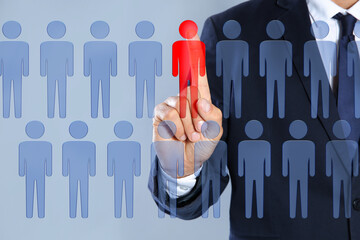 Dismissal. Businessman choosing human figure on virtual screen against grey background, closeup
