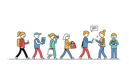 Fototapeta premium Diverse group of people walking engaged with their mobile phones and devices creating a busy street scene