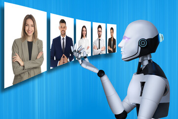 Robot recruiter choosing human candidate on virtual screen against light blue background. Artificial intelligence in human resources management
