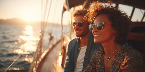 A radiant couple on a sailboat, enjoying the warm glow of sunset over the ocean, embodying themes of luxury travel, romance, and freedom on the open sea