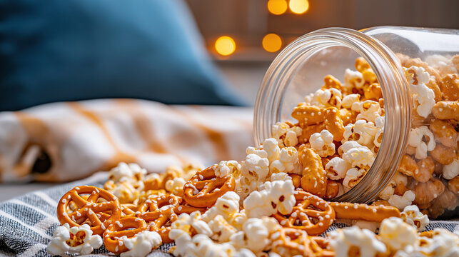 Spilled popcorn and pretzels from glass jar on checkered cloth with soft lights