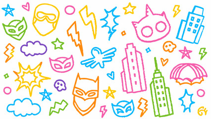 Cute kid crayon hand drawn icon background. Vector kid sketch illustration. Cute crayon children pattern.