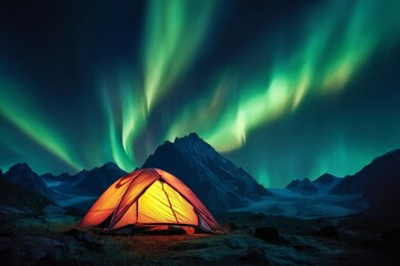 Aurora Borealis and Tent in Mountains