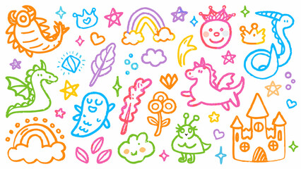 Cute kid crayon hand drawn icon background. Vector kid sketch illustration. Cute crayon children pattern.