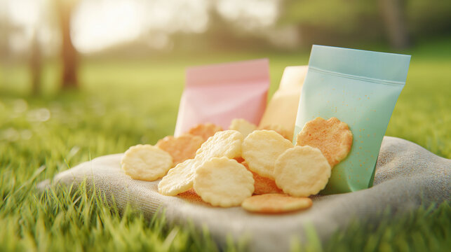 Assorted crispy snacks on linen cloth with colorful packaging in sunlit outdoor setting