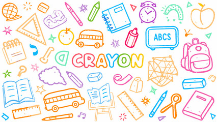 Cute kid crayon hand drawn icon background. Vector kid sketch illustration. Cute crayon children pattern.