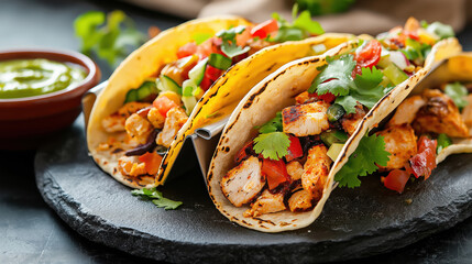 Close-up of grilled chicken tacos with fresh vegetables and cilantro on stone plate