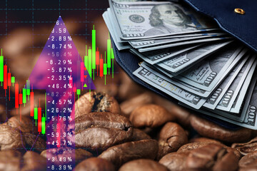 Coffee price rising. Dollars in wallet, roasted coffee beans, graph and stock data. Double exposure