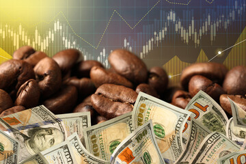 Coffee price rising. Dollars, roasted coffee beans and graph. Double exposure