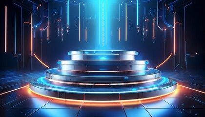 Obraz premium tiered glowing podium in dark futuristic stage