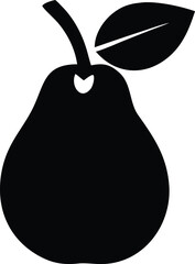 Simple black silhouette of a ripe pear with a stem and a single leaf isolated on a white background