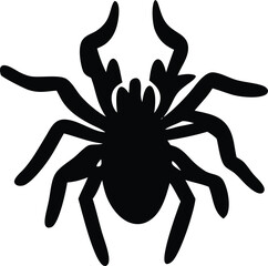 A stylized black silhouette of a spider with eight thick curved legs and prominent front appendages isolated on a white background