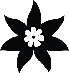 Stylized black and white illustration of a blooming flower with seven pointed petals and a smaller white flower at its center