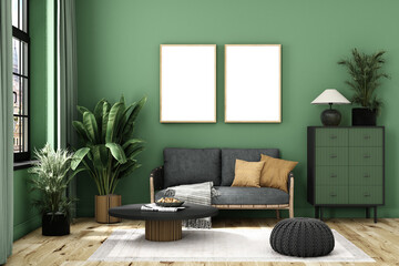living room frame mockup in green colors, 3d render