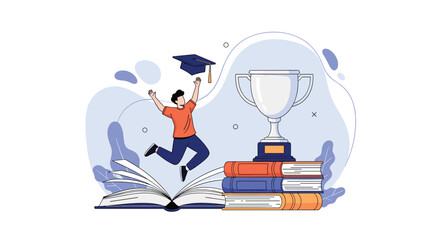 Illustrating the joyous celebration of academic achievement with a student leaping in triumph holding a graduation cap above a stack of books and a trophy symbolizing success and recognition