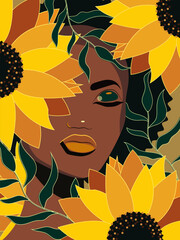 Beautiful African American woman in large yellow Ukrainian flowers sunflowers close-up portrait. Vector