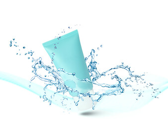 Tube of cream and water splash on white background. Stylish presentation for cosmetic product