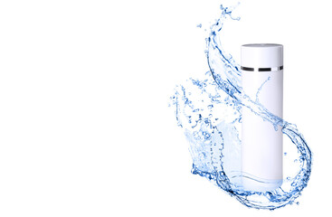 Bottle of cream and water splash on white background. Stylish presentation for cosmetic product, banner design