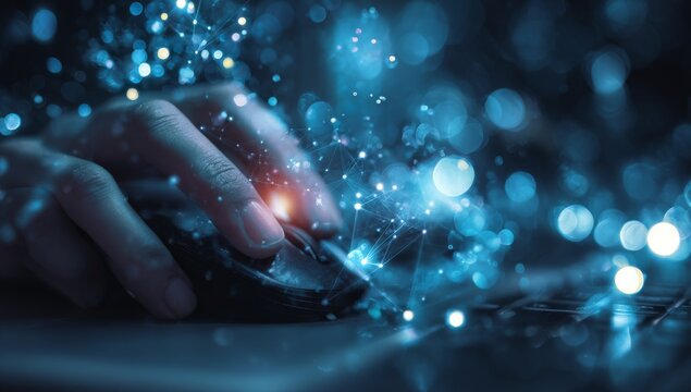 Hand Using a Computer Mouse with Data Visualization Overlay - Technology Concept