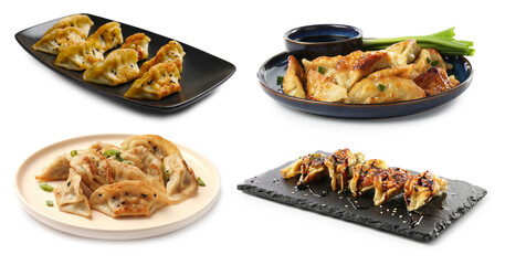 Tasty fried gyoza (dumplings) on white background, collage