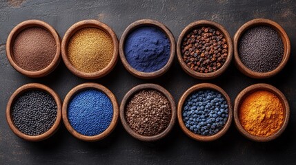 Colorful spices in wooden bowls create a gourmet display on a dark surface