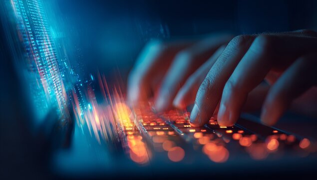 Hands Typing on a Glowing Laptop Keyboard Technology and Data Concept
