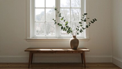 Eucalyptus in vase on wooden bench in front of window in bright neutral toned room setting view